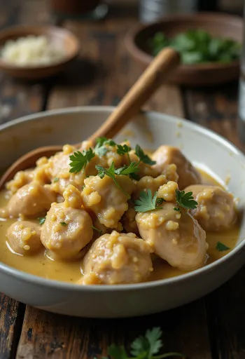 Satsivi koud geserveerd, versierd met walnoten en verse koriander