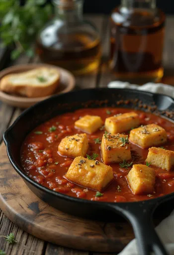 Gebakken tofu in kruidige tomatensaus geserveerd