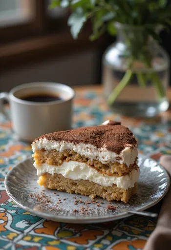 Romige tiramisu-taart met laagjes koffiebiscuit en mascarponecrème, bestrooid met cacaopoeder.