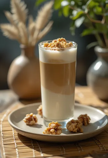 Romige walnoot latte in een kopje met stukjes walnoot
