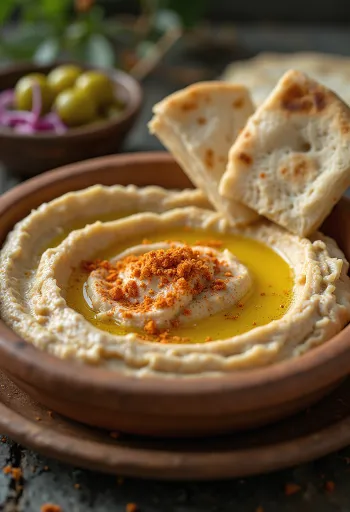 Hummus met een zijdezachte textuur, besprenkeld met olijfolie en geserveerd met pita.