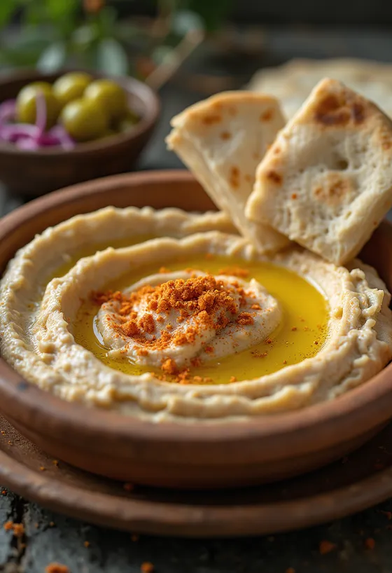 Hummus met een zijdezachte textuur, besprenkeld met olijfolie en geserveerd met pita.