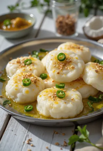 Idli geserveerd met kruidige olijfolie