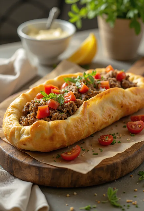 Pide met vleesvulling, vers deeg en kruidige vleesvulling