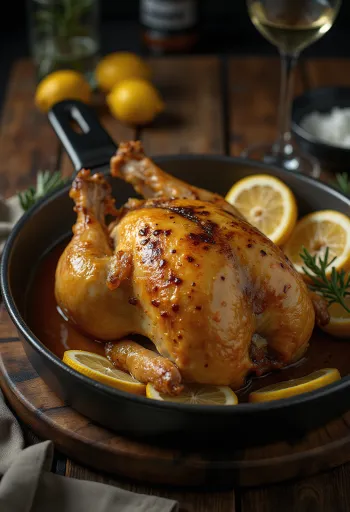 Gebraden parelhoen met citroenglazuur geserveerd met groenten.