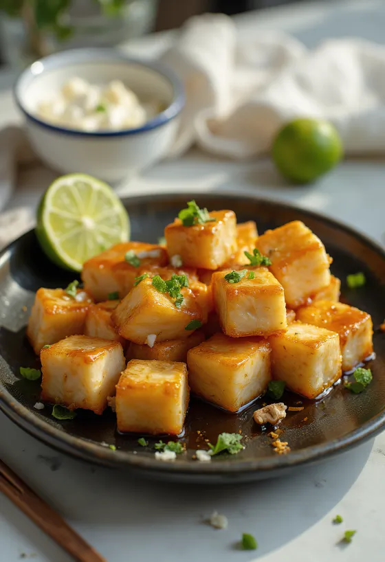 Tofu in limoenmarinade geserveerd