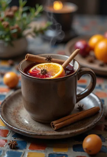 Zoete glühwein geserveerd met een schijfje sinaasappel en kaneel