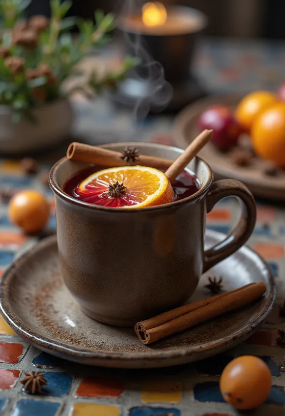 Zoete glühwein geserveerd met een schijfje sinaasappel en kaneel