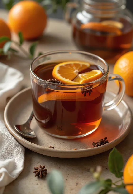 Kruidige sinaasappelthee in een glas