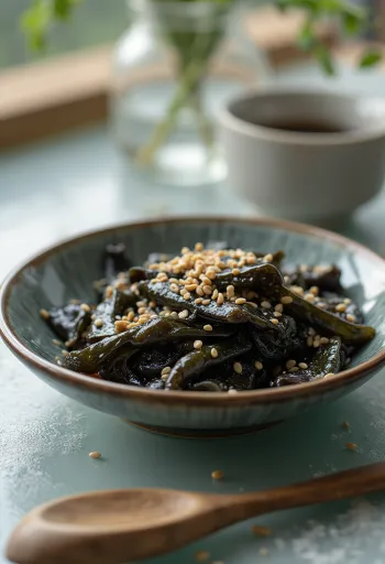 Verse kombu salade geserveerd, bestrooid met sojasaus en sesamzaad