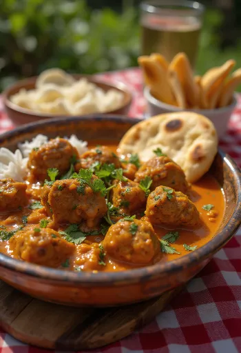 Lams Curry Balti stijl, gekruide lamscurry geserveerd met koriander