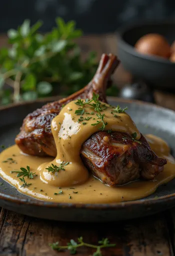 Gebraden haas met mosterdsaus elegant geserveerd.