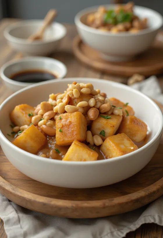 Tofu in pindamarinade geserveerd