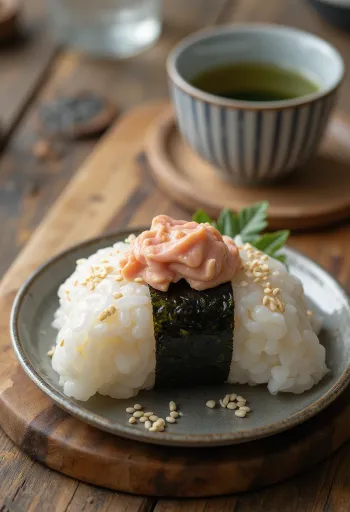 Onigiri met tonijn en mayonaise, driehoekig, bestrooid met sesamzaad, met nori zeewier