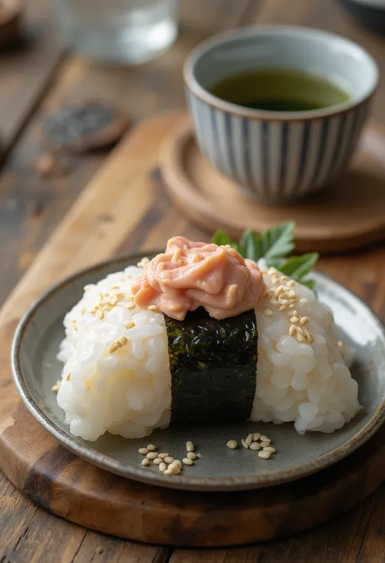 Onigiri met tonijn en mayonaise, driehoekig, bestrooid met sesamzaad, met nori zeewier