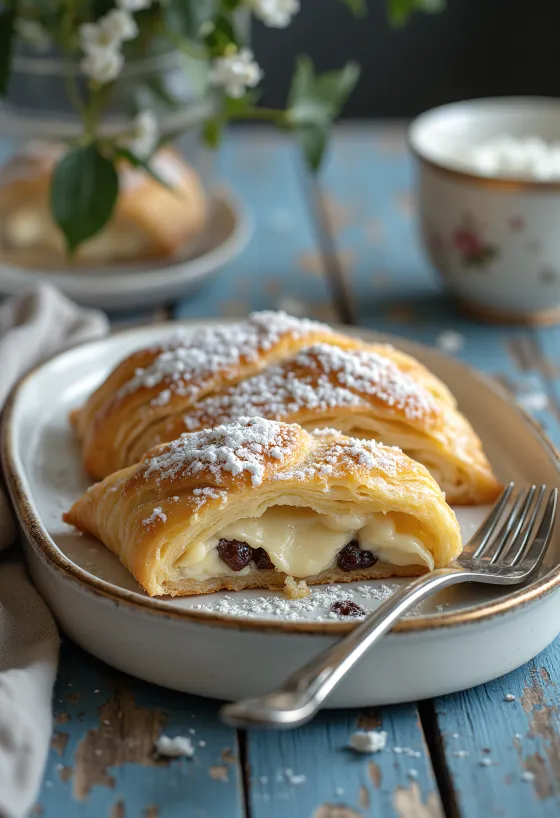 Goudbruin gebakken kwarkstrudel, bestrooid met poedersuiker