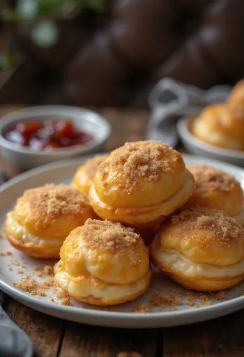 Æbleskiver bestrooid met kaneelsuiker, vers geserveerd