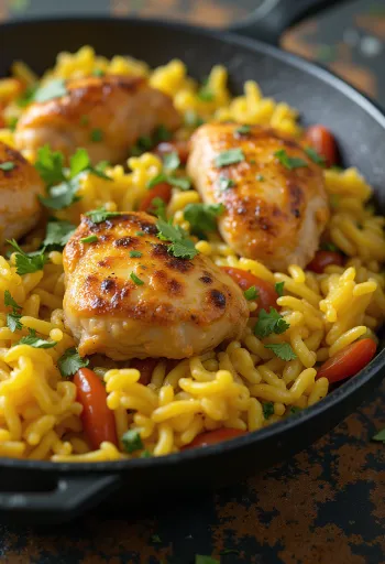 Arroz con Pollo, kruidige rijst met kip geserveerd met koriander