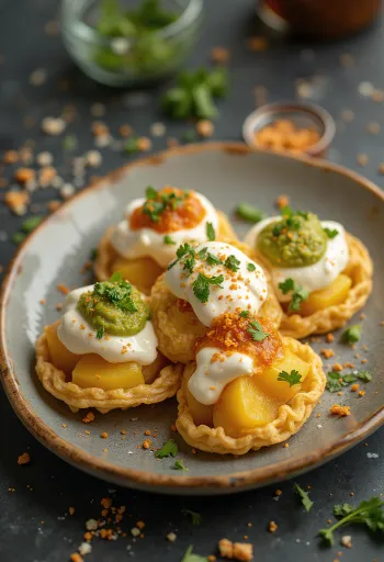 Dahi puri met chaat masala, versierd met verse koriander en granaatappel