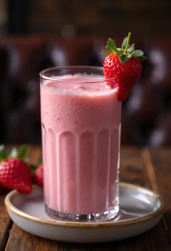 Aardbeiensmoothie in een hoog glas, gegarneerd met verse aardbeischijfjes