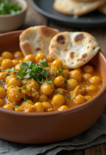 Pikante kikkererwtencurry geserveerd met rijst en koriander