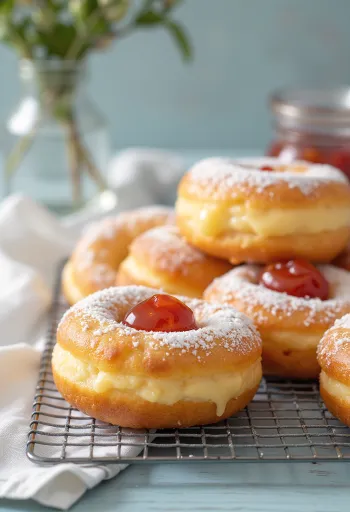 Krofne met jam, bestrooid met poedersuiker, goudbruin van kleur
