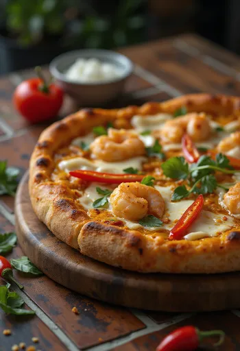 Laksa pizza met Maleisische kruiden en garnalen