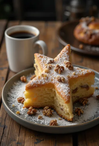 Pandoro met walnoten, Italiaans zoet gebak met verse noten en poedersuiker