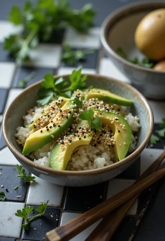 Poké bowl met sesam, verse groenten op rijst, gegarneerd met koriander.