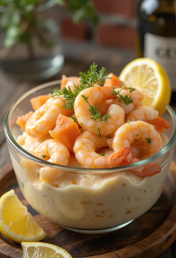 Glutenvrije Skagenröra met mayonaise, verse dille en gerookte zalm