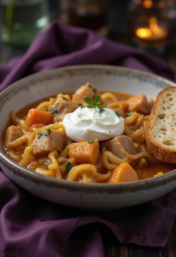 Székely goulash rijkelijk geserveerd met zure room, vers brood en hete peper.