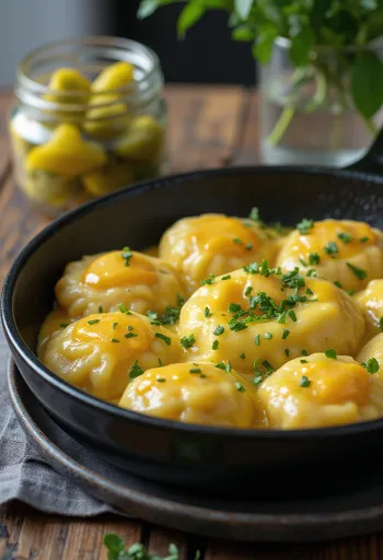 Eierspätzle bestrooid met verse peterselie, geserveerd met huisgemaakte augurken.