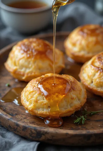 Æbleskiver gezoet met honing, verse en zachte bollen geserveerd