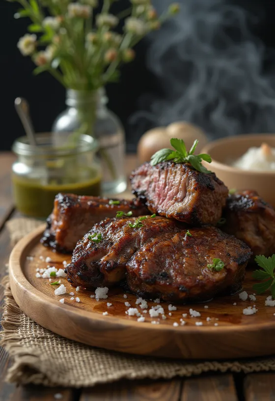 Asado geserveerd met gegrilde groenten en chimichurrisaus
