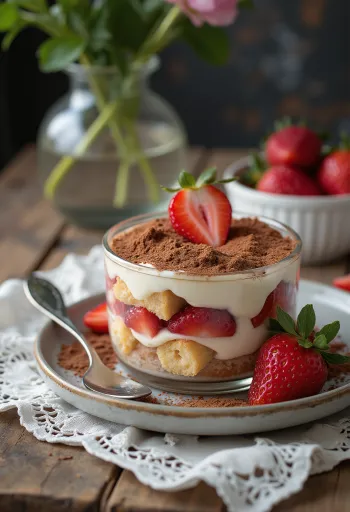 Aardbeientiramisu met laagjes lange vingers en mascarponecrème, gegarneerd met verse aardbeien
