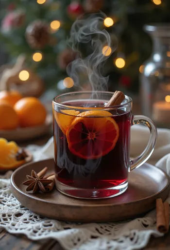Een glas glühwein versierd met sinaasappelschijfjes en kaneel