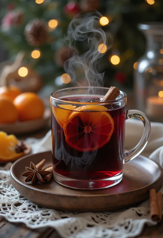 Een glas glühwein versierd met sinaasappelschijfjes en kaneel