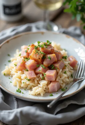 Gerookte ham met gestoomde rijst geserveerd