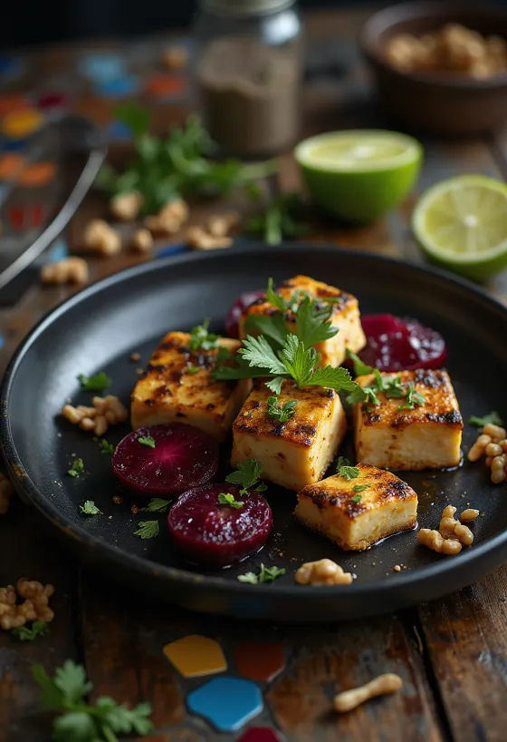 Pittige tofu met limoen en bietensalade
