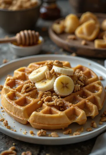 Pindakaaswafels met vers fruit en chocoladesaus