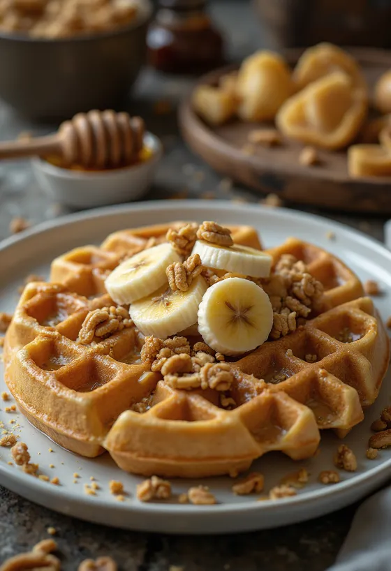 Pindakaaswafels met vers fruit en chocoladesaus