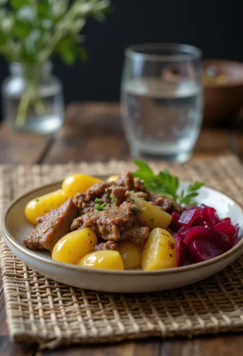 Pyttipanna geserveerd met spiegelei en ingelegde rode biet