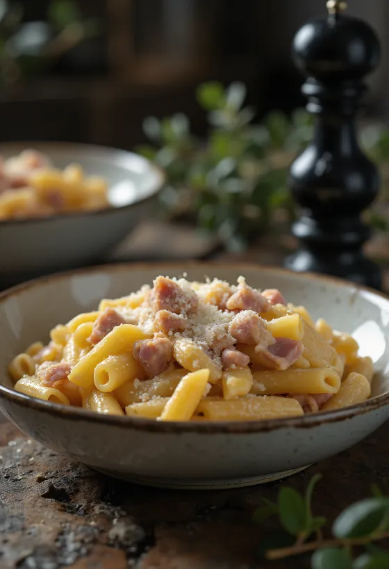 Pasta met ham en roomsaus, versierd met geraspte kaas, geserveerd op een wit bord.