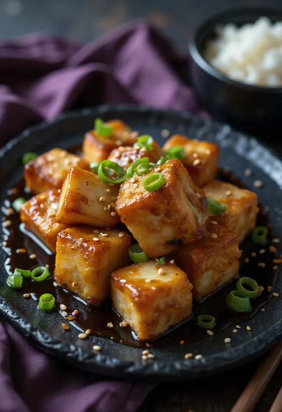 Tofu in sojamarinade geserveerd
