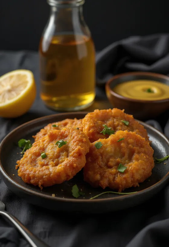 Acarajé met honing-mosterdsaus, versierd met verse koriander