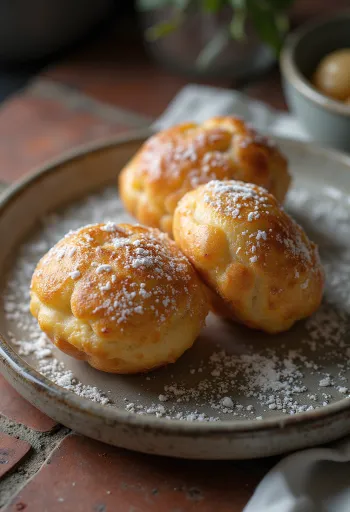 Æbleskiver met kardemom, bestrooid met poedersuiker