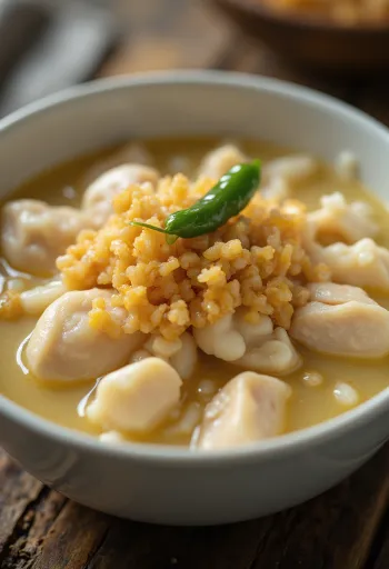Arroz Caldo met knoflook, rijke rijstsoep met kippenvlees en verse koriander