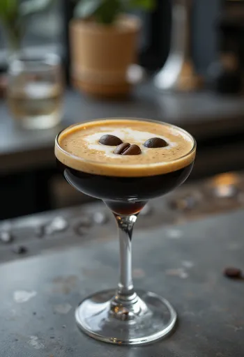 Espresso Martini cocktail gegarneerd met drie koffiebonen