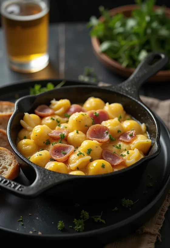 Gerookte ham met eiernokedli geserveerd