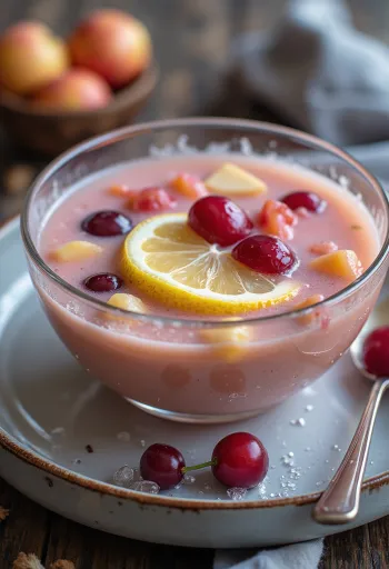 Vruchtensoep met verkoelende en romige textuur, geserveerd met verse stukjes fruit